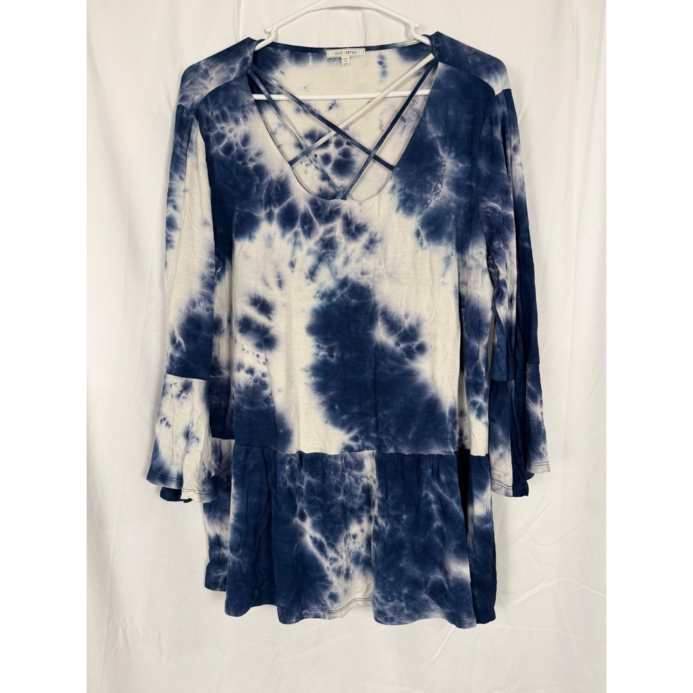 Ava James Blue Tie Dye Strappy V-Neck Peplum Tunic Top Long Sleeve XL
